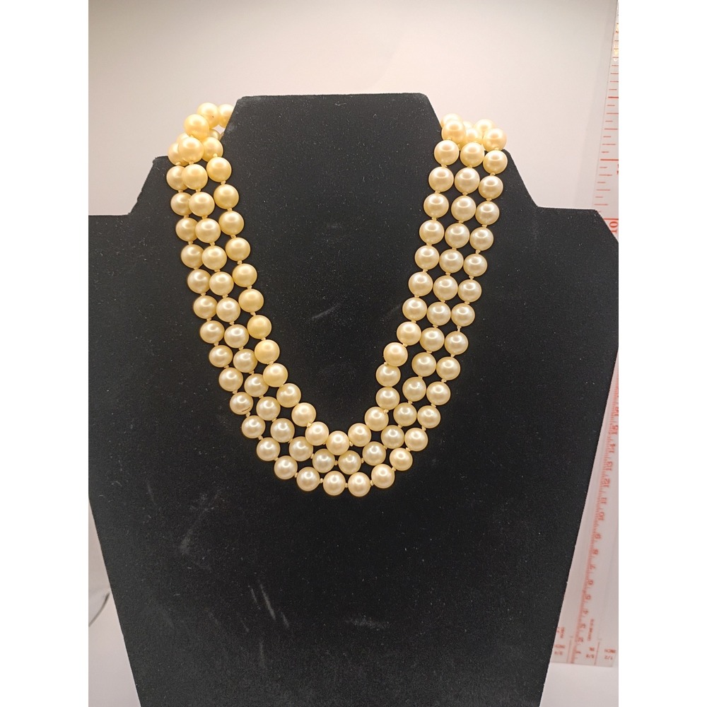 Vintage Triple Strand Faux Pearl Necklace Pink Carved Floral Clasp Cream 14.5in